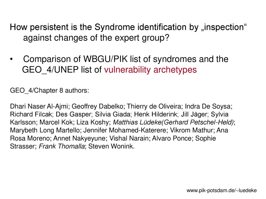 Comparison of WBGU/PIK list of syndromes and the