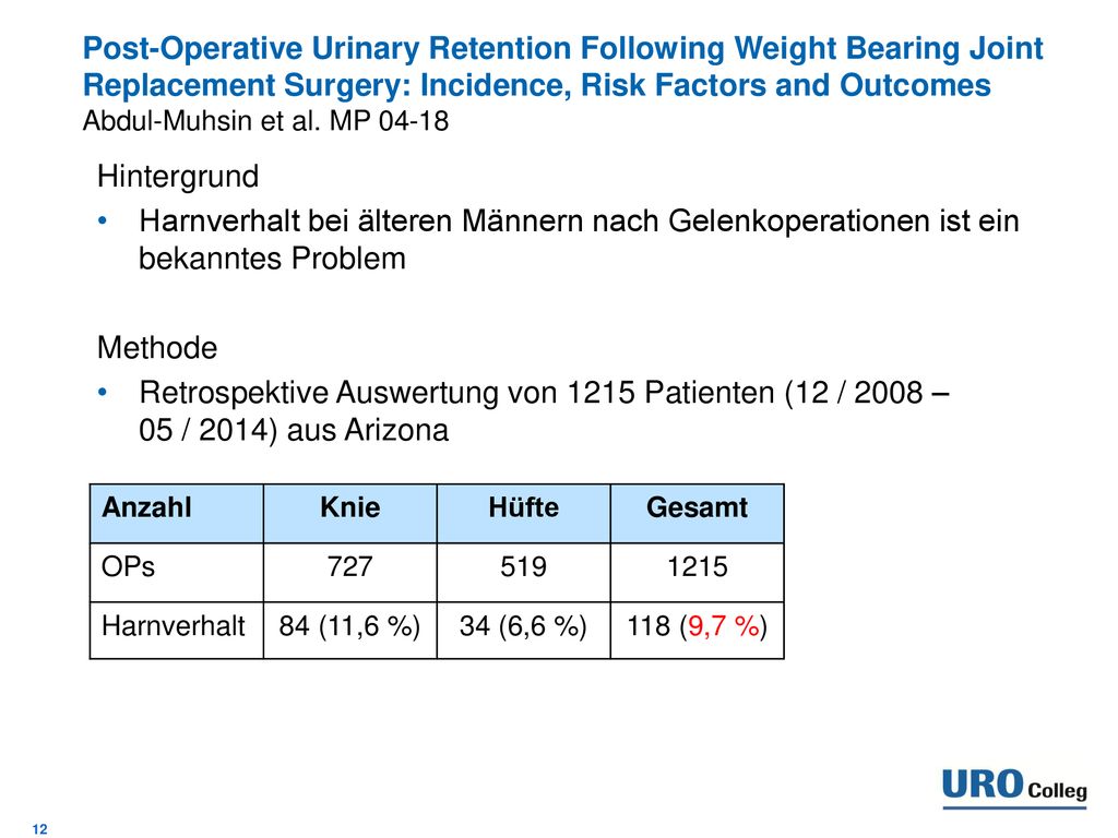 Post-Operative Urinary Retention Following Weight Bearing Joint Replacement Surgery: Incidence, Risk Factors and Outcomes Abdul-Muhsin et al. MP 04-18