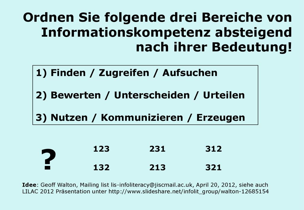 Ordnen Sie folgende drei Bereiche von Informationskompetenz absteigend nach ihrer Bedeutung!