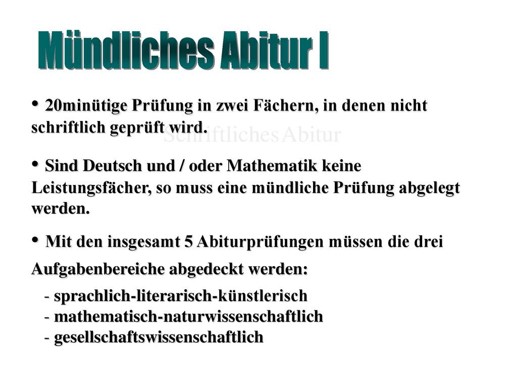 Mündliches Abitur I 20minütige Prüfung in zwei Fächern, in denen nicht schriftlich geprüft wird. Schriftliches Abitur.