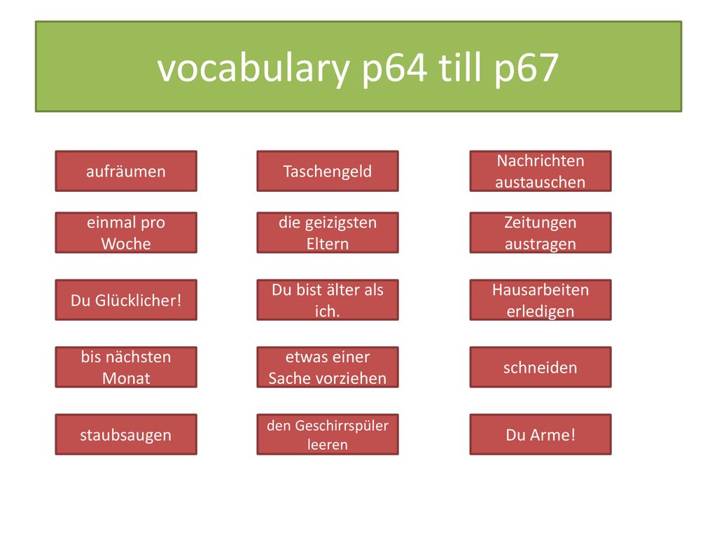 vocabulary p64 till p67 aufräumen (to) tidy Taschengeld pocket money