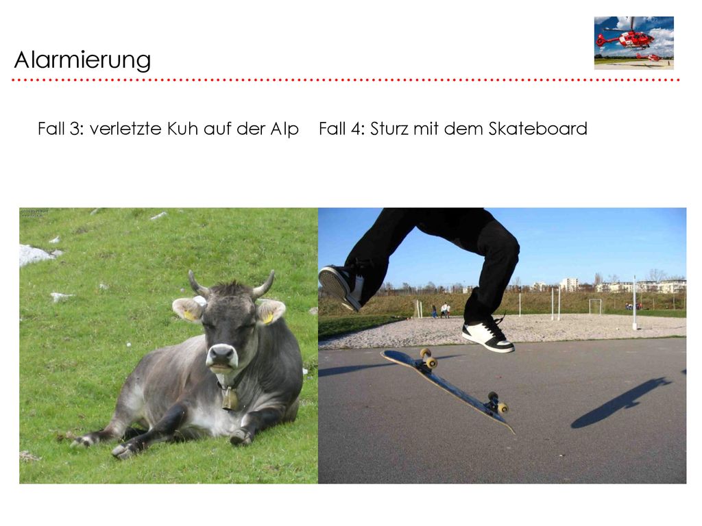Alarmierung Fall 3: verletzte Kuh auf der Alp Fall 4: Sturz mit dem Skateboard
