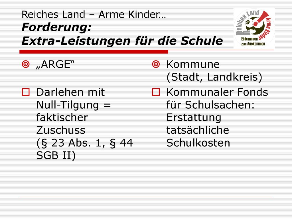 Reiches Land – Arme Kinder… Forderung: Extra-Leistungen für die Schule