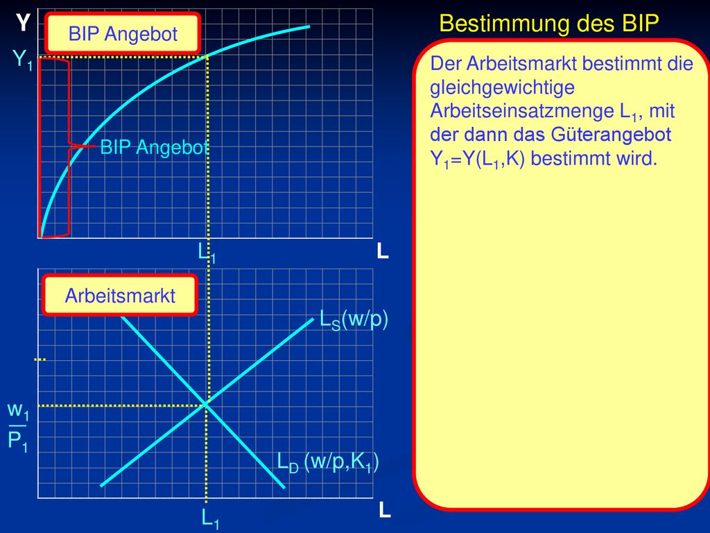 _ Y Bestimmung des BIP Y1 L1 L LS(w/p) w1 P1 LD (w/p,K1) L L1