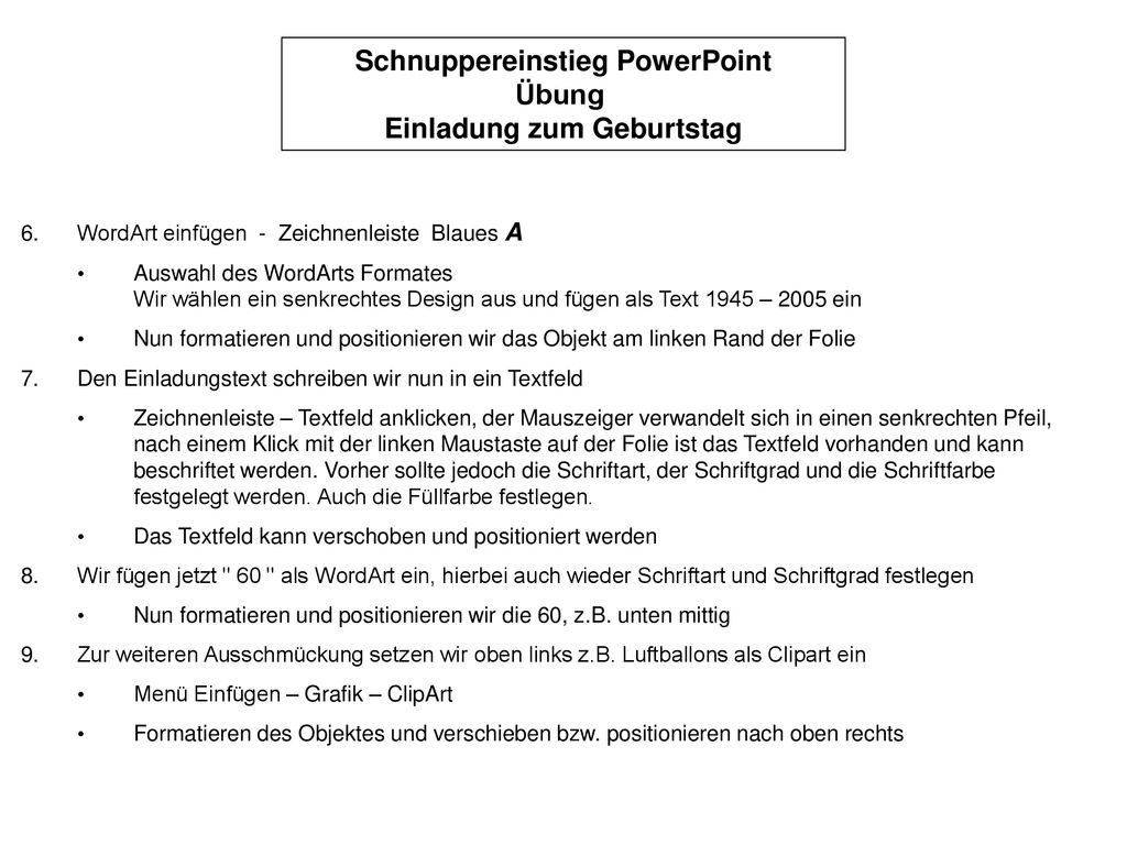 Schnuppereinstieg PowerPoint Übung Einladung zum Geburtstag