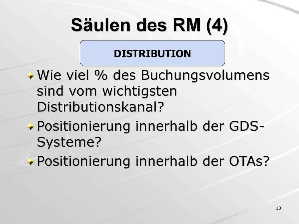 Säulen des RM (4) DISTRIBUTION. Wie viel % des Buchungsvolumens sind vom wichtigsten Distributionskanal