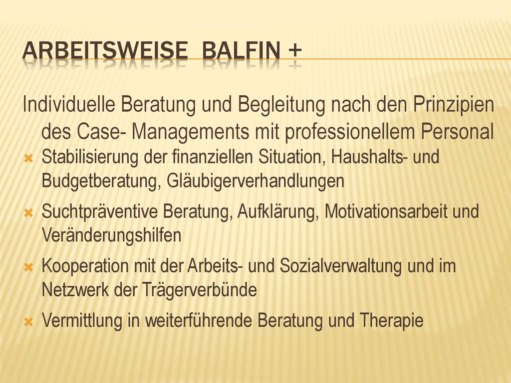 Arbeitsweise BALFIN + Individuelle Beratung und Begleitung nach den Prinzipien des Case- Managements mit professionellem Personal.