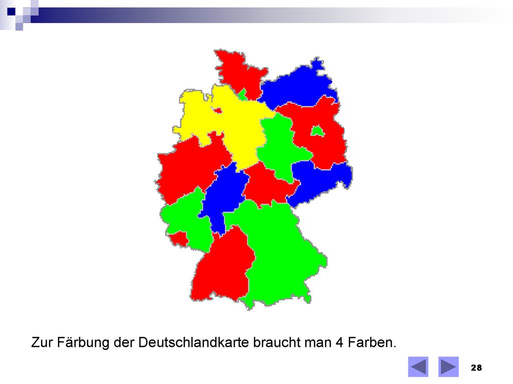 Zur Färbung der Deutschlandkarte braucht man 4 Farben.