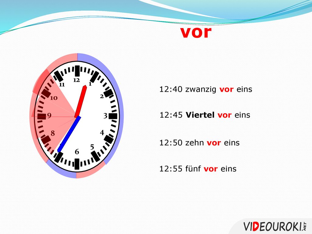 vor :40 zwanzig vor eins. 12:45 Viertel vor eins.