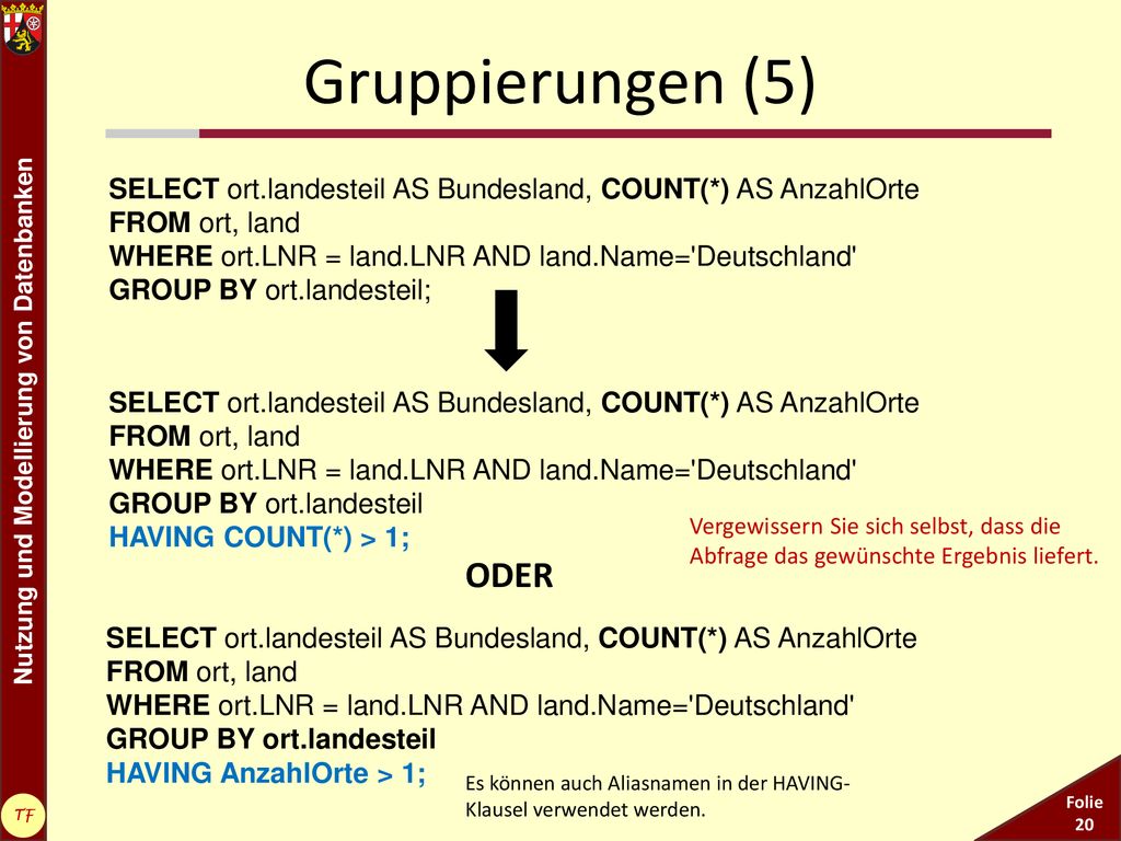 Gruppierungen (5) SELECT ort.landesteil AS Bundesland, COUNT(*) AS AnzahlOrte. FROM ort, land. WHERE ort.LNR = land.LNR AND land.Name= Deutschland
