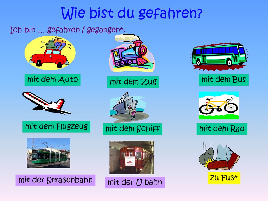 Wie bist du gefahren Ich bin … gefahren / gegangen*. mit dem Auto