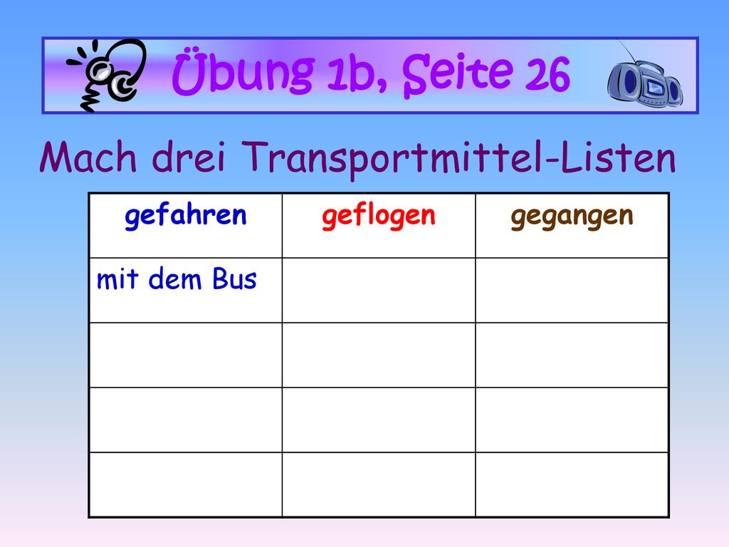 Mach drei Transportmittel-Listen