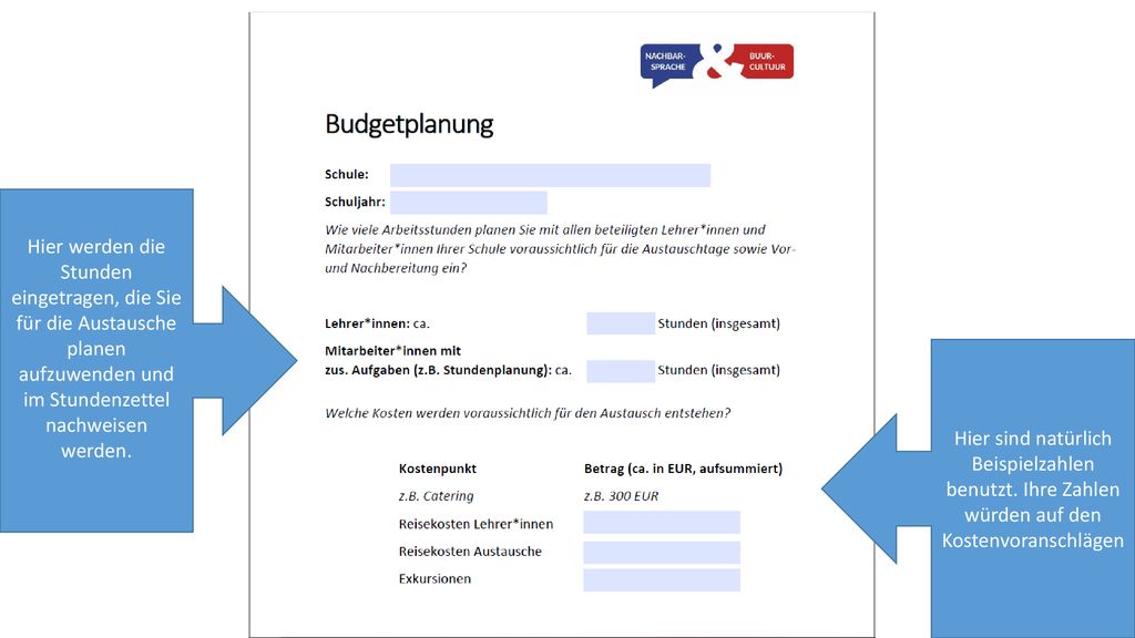 Hier werden die Stunden eingetragen, die Sie für die Austausche planen aufzuwenden und im Stundenzettel nachweisen werden.