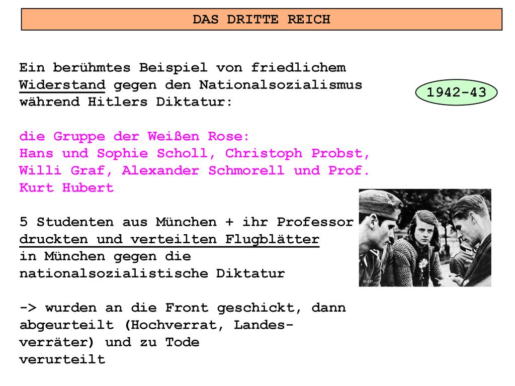 DAS DRITTE REICH Ein berühmtes Beispiel von friedlichem. Widerstand gegen den Nationalsozialismus.