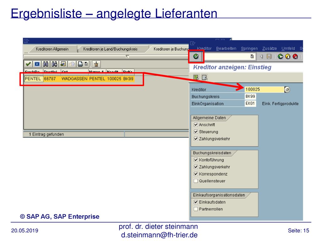 Ergebnisliste – angelegte Lieferanten