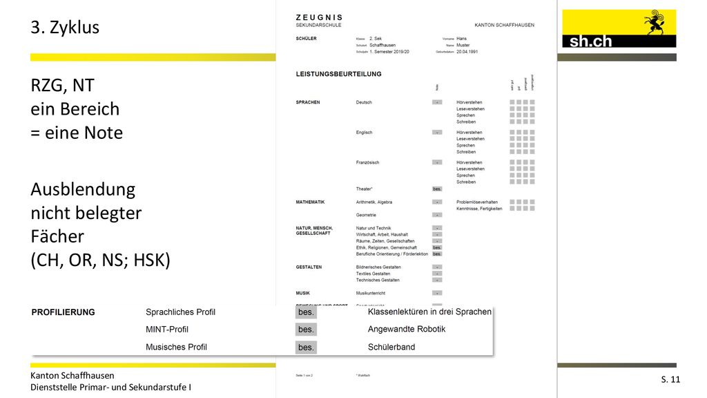 3. Zyklus RZG, NT ein Bereich = eine Note Ausblendung nicht belegter Fächer (CH, OR, NS; HSK)