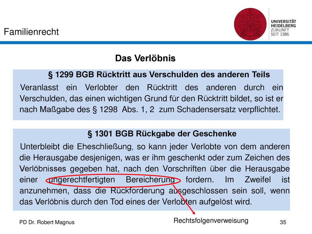 Das Verlöbnis § 1299 BGB Rücktritt aus Verschulden des anderen Teils