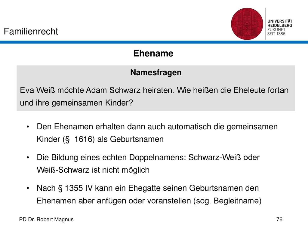 Ehename Namesfragen. Eva Weiß möchte Adam Schwarz heiraten. Wie heißen die Eheleute fortan und ihre gemeinsamen Kinder