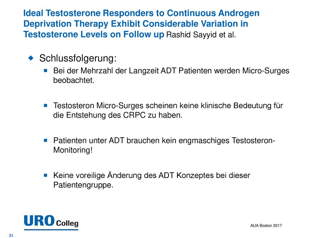 Ideal Testosterone Responders to Continuous Androgen Deprivation Therapy Exhibit Considerable Variation in Testosterone Levels on Follow up Rashid Sayyid et al.