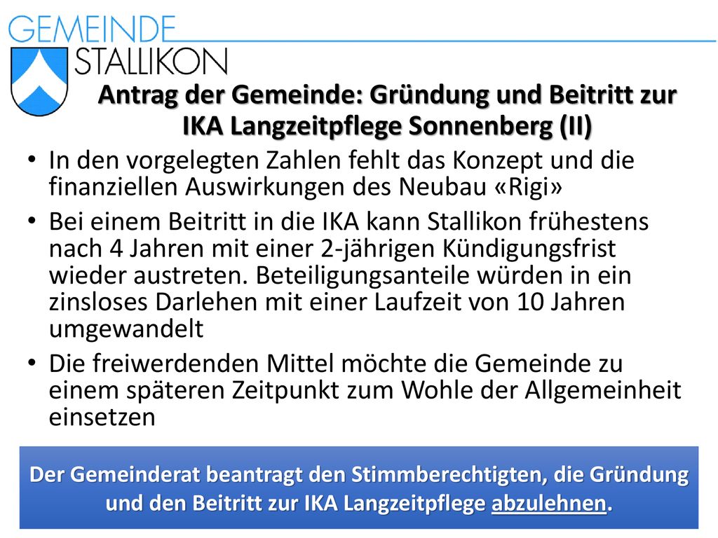 Antrag der Gemeinde: Gründung und Beitritt zur IKA Langzeitpflege Sonnenberg (II)