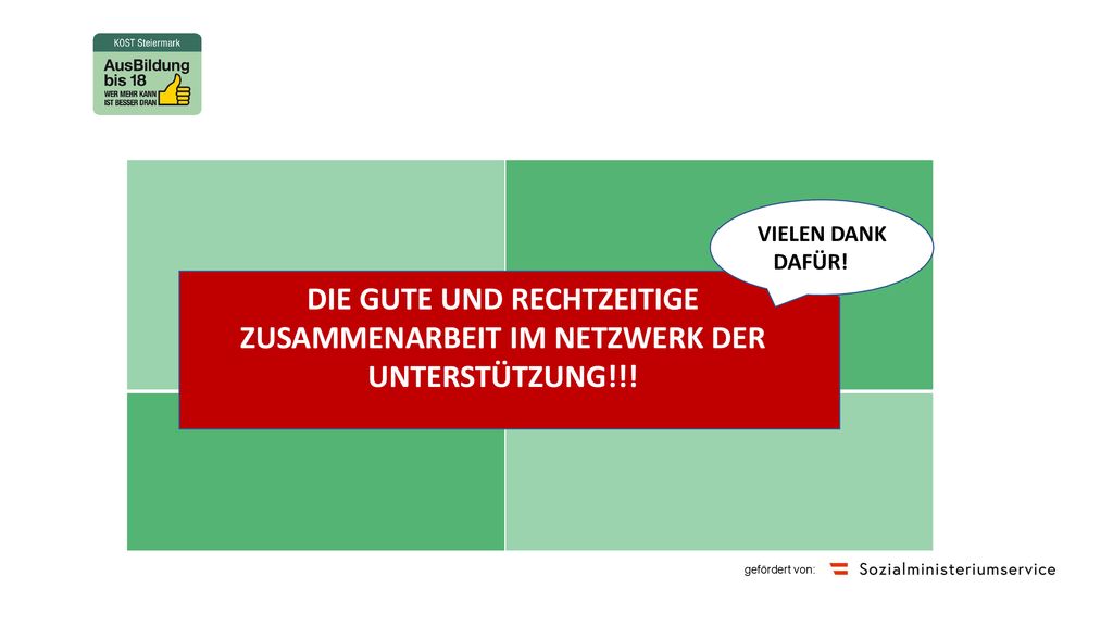 VIELEN DANK DAFÜR!!!! DIE GUTE UND RECHTZEITIGE ZUSAMMENARBEIT IM NETZWERK DER UNTERSTÜTZUNG!!!