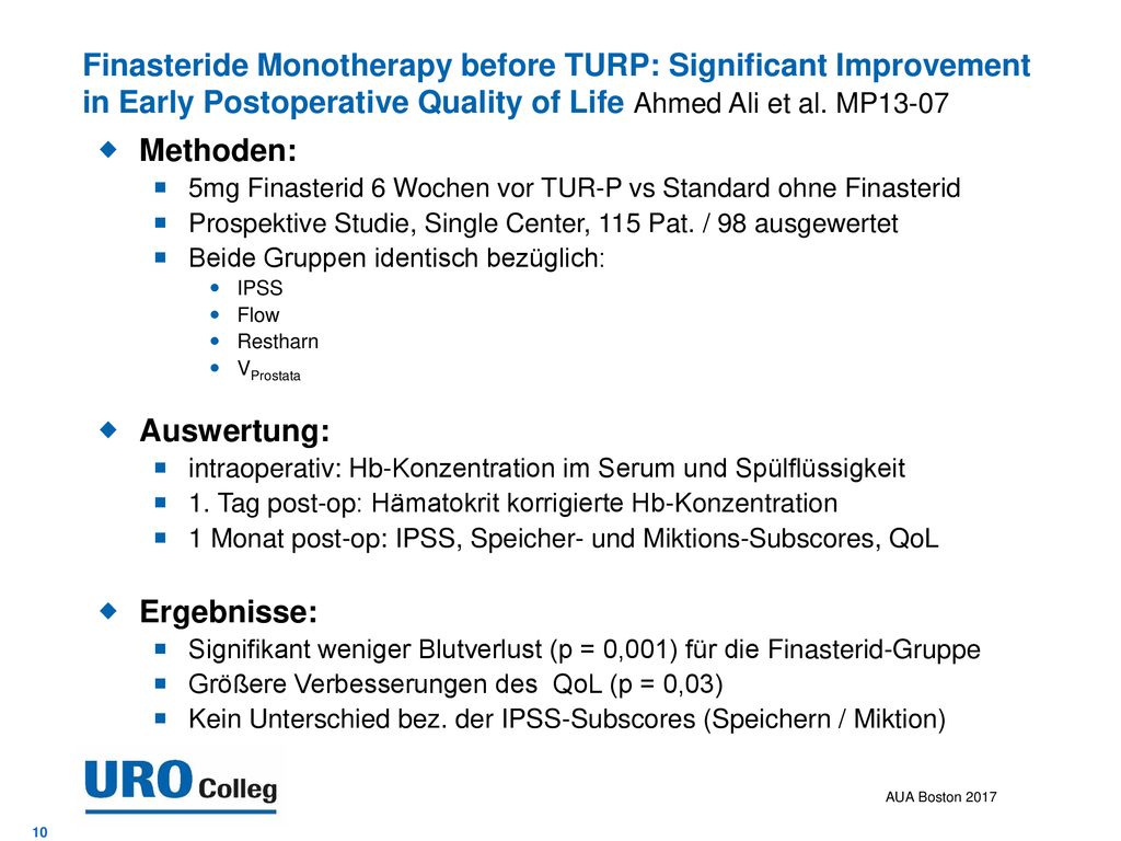 Finasteride Monotherapy before TURP: Significant Improvement in Early Postoperative Quality of Life Ahmed Ali et al. MP13-07