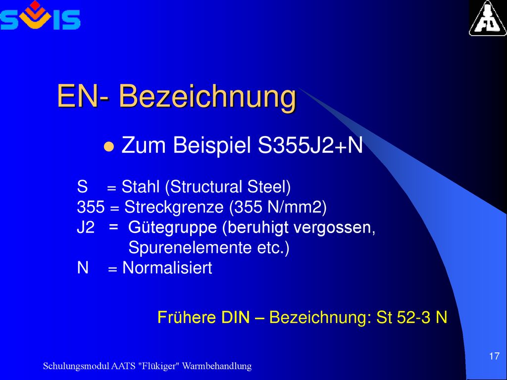 EN- Bezeichnung Zum Beispiel S355J2+N S = Stahl (Structural Steel)