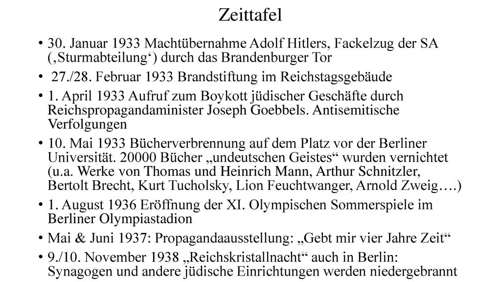 Zeittafel 30. Januar 1933 Machtübernahme Adolf Hitlers, Fackelzug der SA (‚Sturmabteilung‘) durch das Brandenburger Tor.