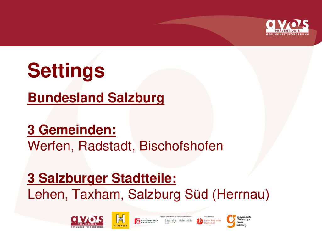 Settings Bundesland Salzburg 3 Gemeinden: Werfen, Radstadt, Bischofshofen 3 Salzburger Stadtteile: Lehen, Taxham, Salzburg Süd (Herrnau)