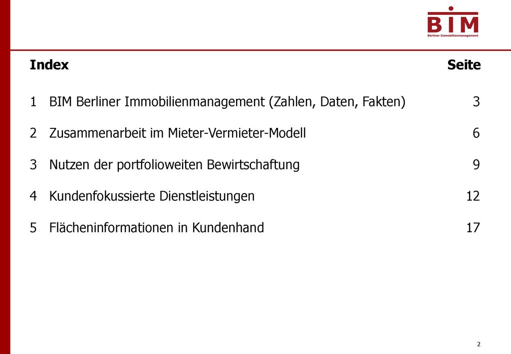 Index Seite BIM Berliner Immobilienmanagement (Zahlen, Daten, Fakten) 3. Zusammenarbeit im Mieter-Vermieter-Modell 6.