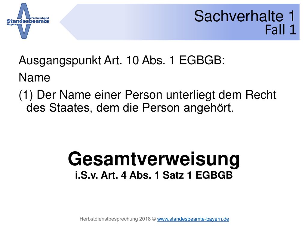 Gesamtverweisung Fall 1 Ausgangspunkt Art. 10 Abs. 1 EGBGB: Name