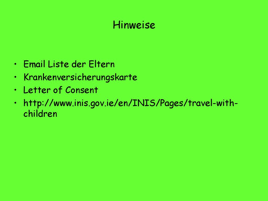 Hinweise  Liste der Eltern Krankenversicherungskarte