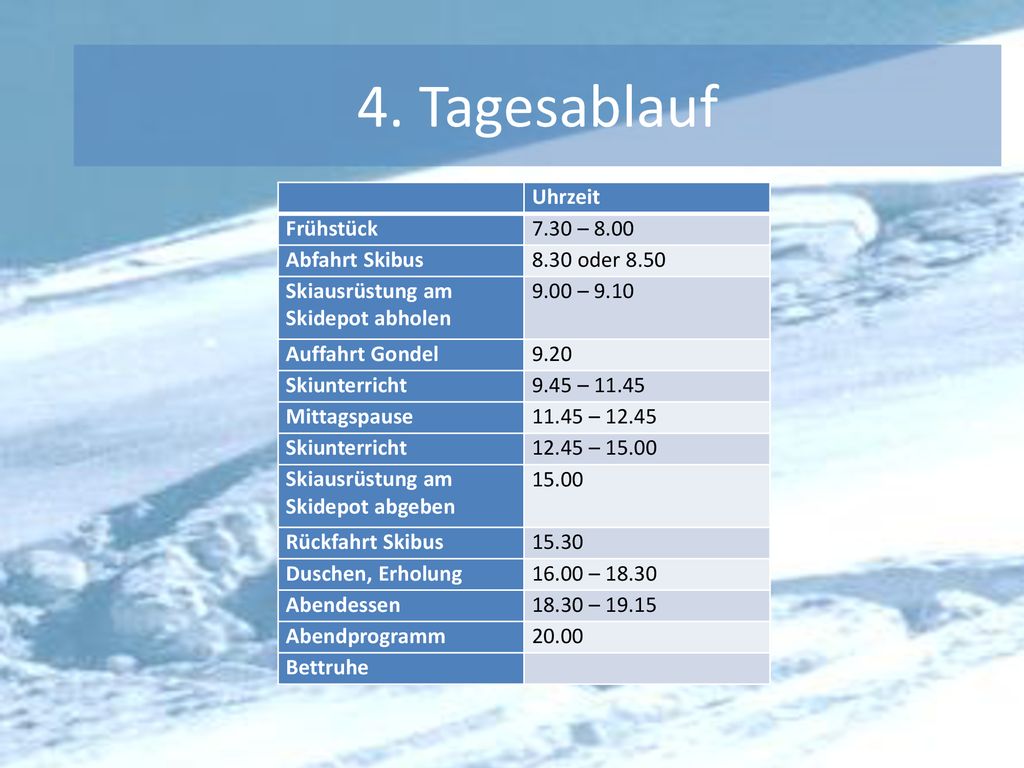 4. Tagesablauf Uhrzeit Frühstück 7.30 – 8.00 Abfahrt Skibus