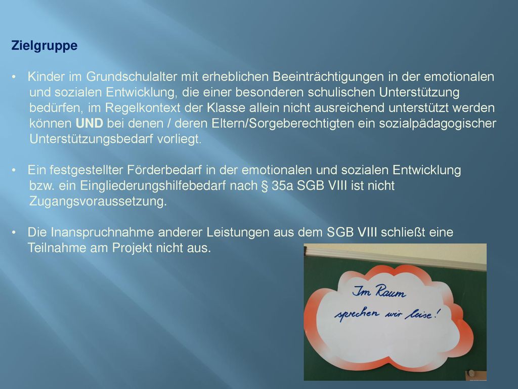 Zielgruppe. Kinder im Grundschulalter mit erheblichen Beeinträchtigungen in der emotionalen.