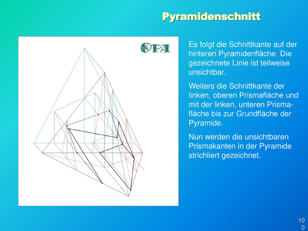 Pyramidenschnitt Es folgt die Schnittkante auf der hinteren Pyramidenfläche. Die gezeichnete Linie ist teilweise unsichtbar.