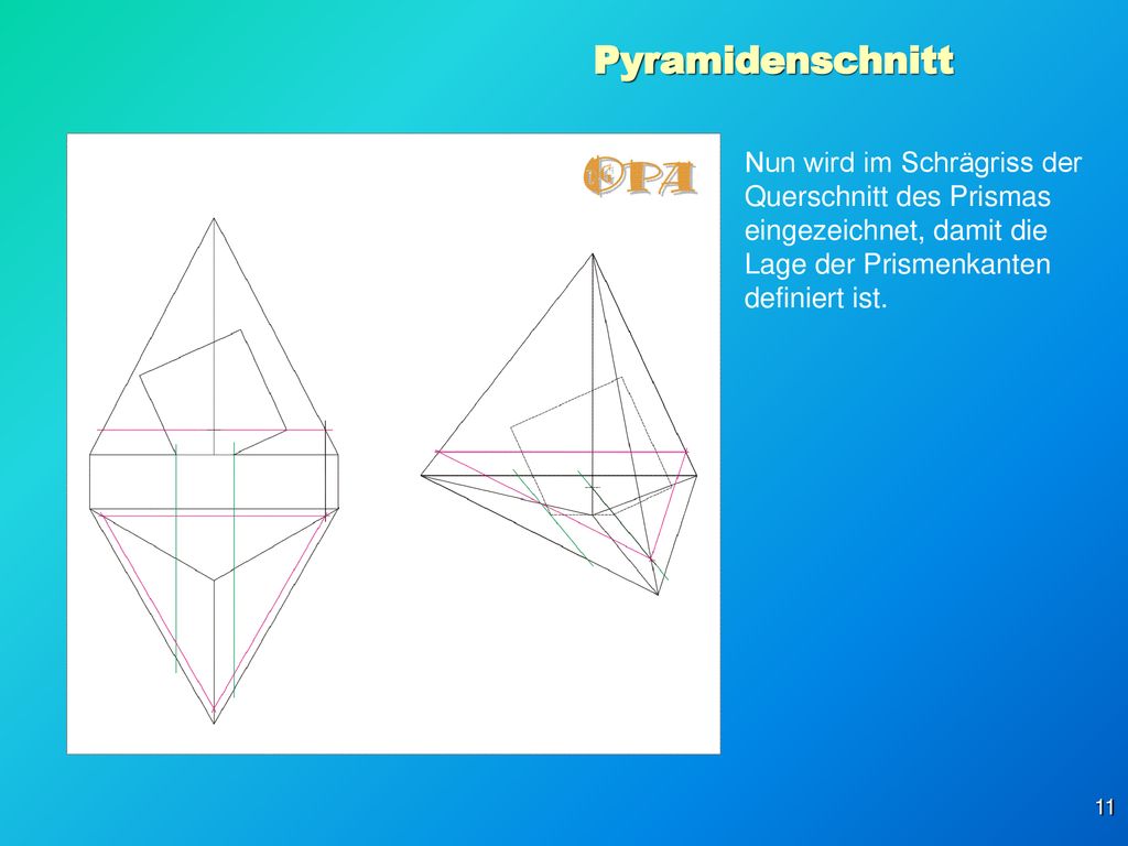 Pyramidenschnitt Nun wird im Schrägriss der Querschnitt des Prismas eingezeichnet, damit die Lage der Prismenkanten definiert ist.