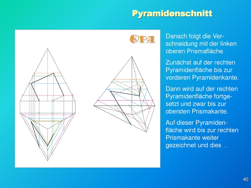 Pyramidenschnitt Danach folgt die Ver-schneidung mit der linken oberen Prismafläche.