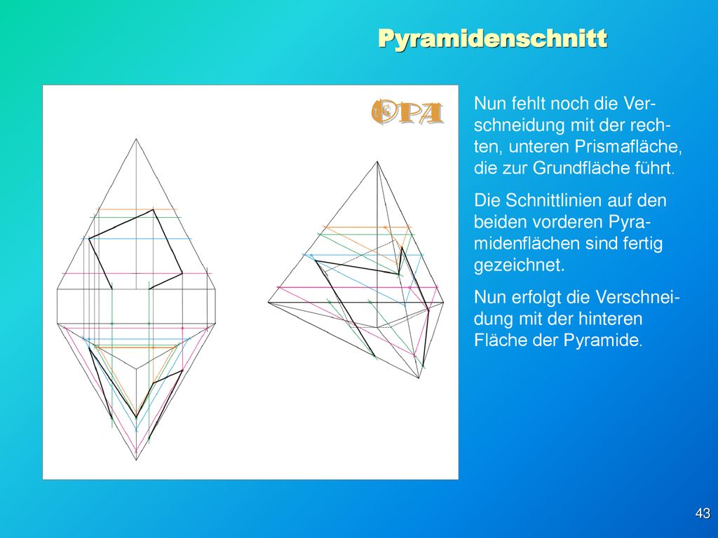Pyramidenschnitt Nun fehlt noch die Ver-schneidung mit der rech-ten, unteren Prismafläche, die zur Grundfläche führt.