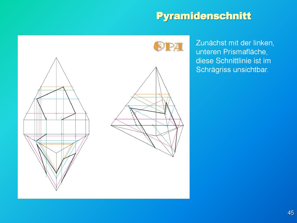 Pyramidenschnitt Zunächst mit der linken, unteren Prismafläche, diese Schnittlinie ist im Schrägriss unsichtbar.