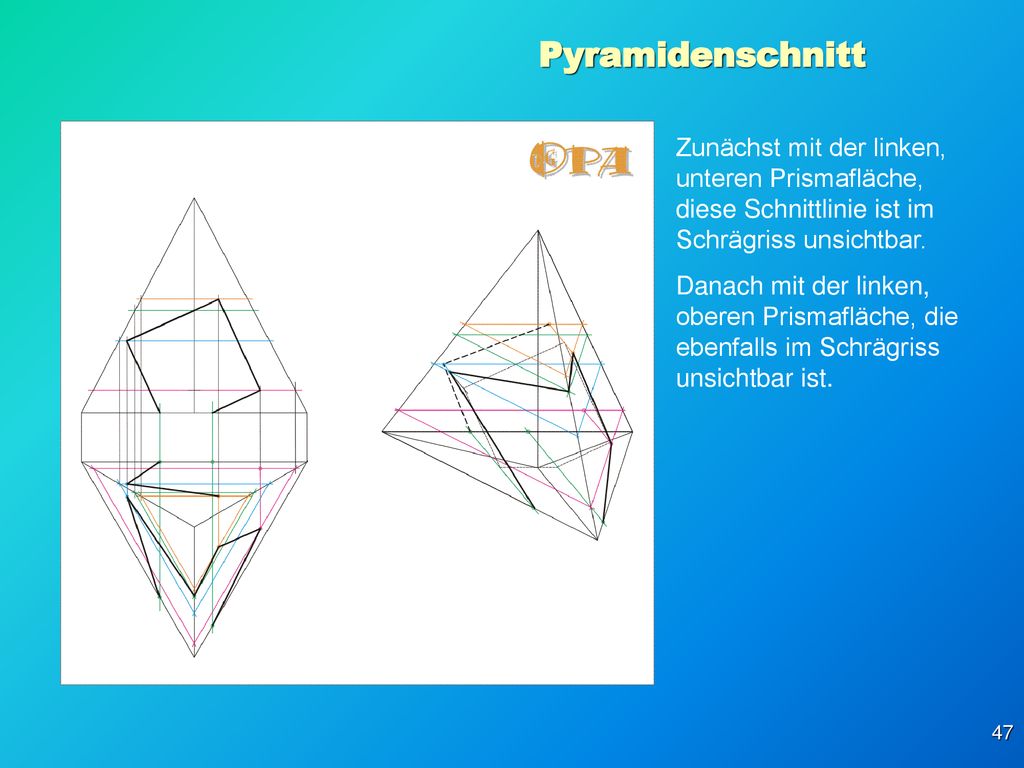 Pyramidenschnitt Zunächst mit der linken, unteren Prismafläche, diese Schnittlinie ist im Schrägriss unsichtbar.