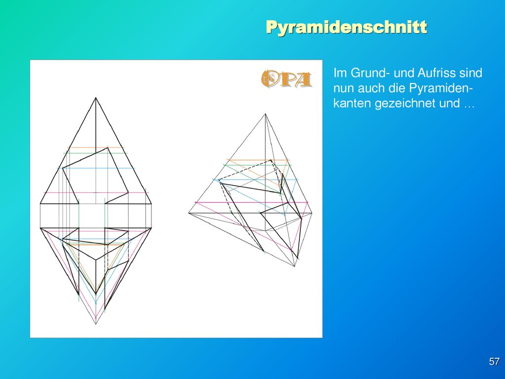 Pyramidenschnitt Im Grund- und Aufriss sind nun auch die Pyramiden-kanten gezeichnet und …
