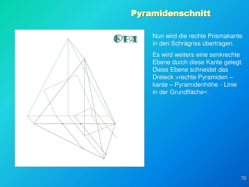 Pyramidenschnitt Nun wird die rechte Prismakante in den Schrägriss übertragen.