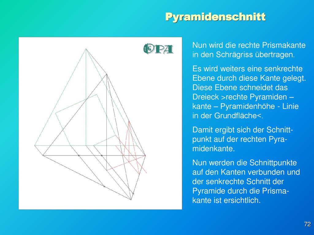 Pyramidenschnitt Nun wird die rechte Prismakante in den Schrägriss übertragen.