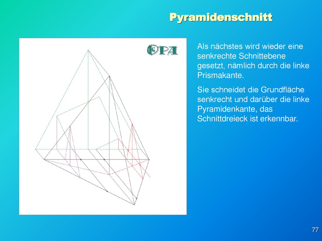 Pyramidenschnitt Als nächstes wird wieder eine senkrechte Schnittebene gesetzt, nämlich durch die linke Prismakante.
