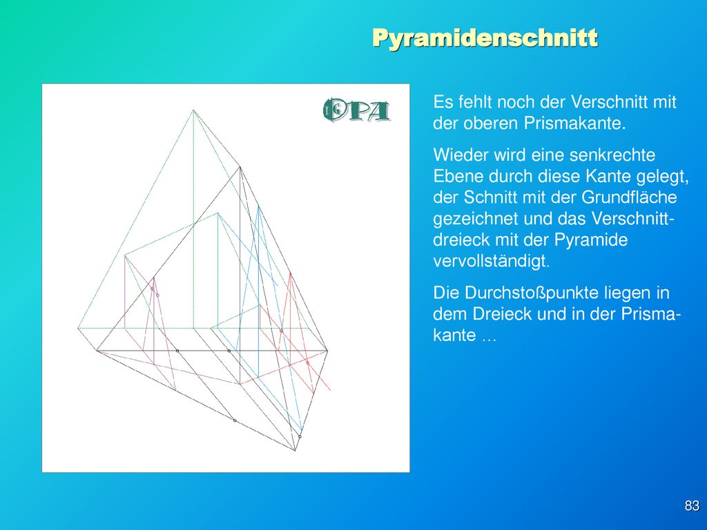 Pyramidenschnitt Es fehlt noch der Verschnitt mit der oberen Prismakante.