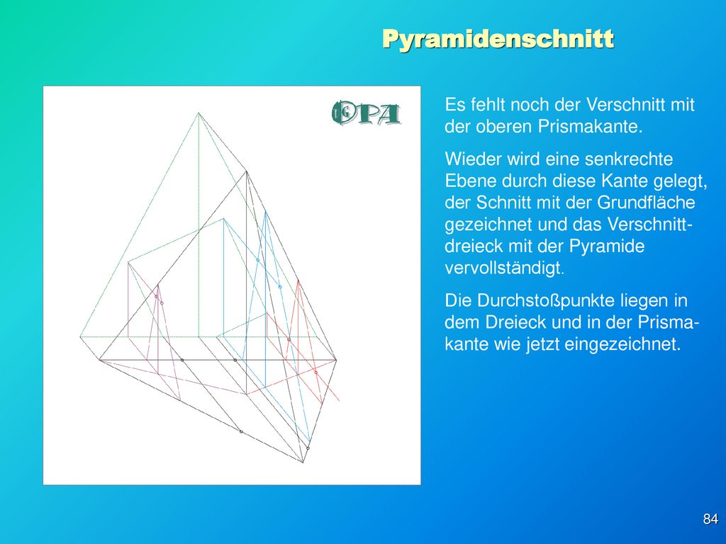 Pyramidenschnitt Es fehlt noch der Verschnitt mit der oberen Prismakante.