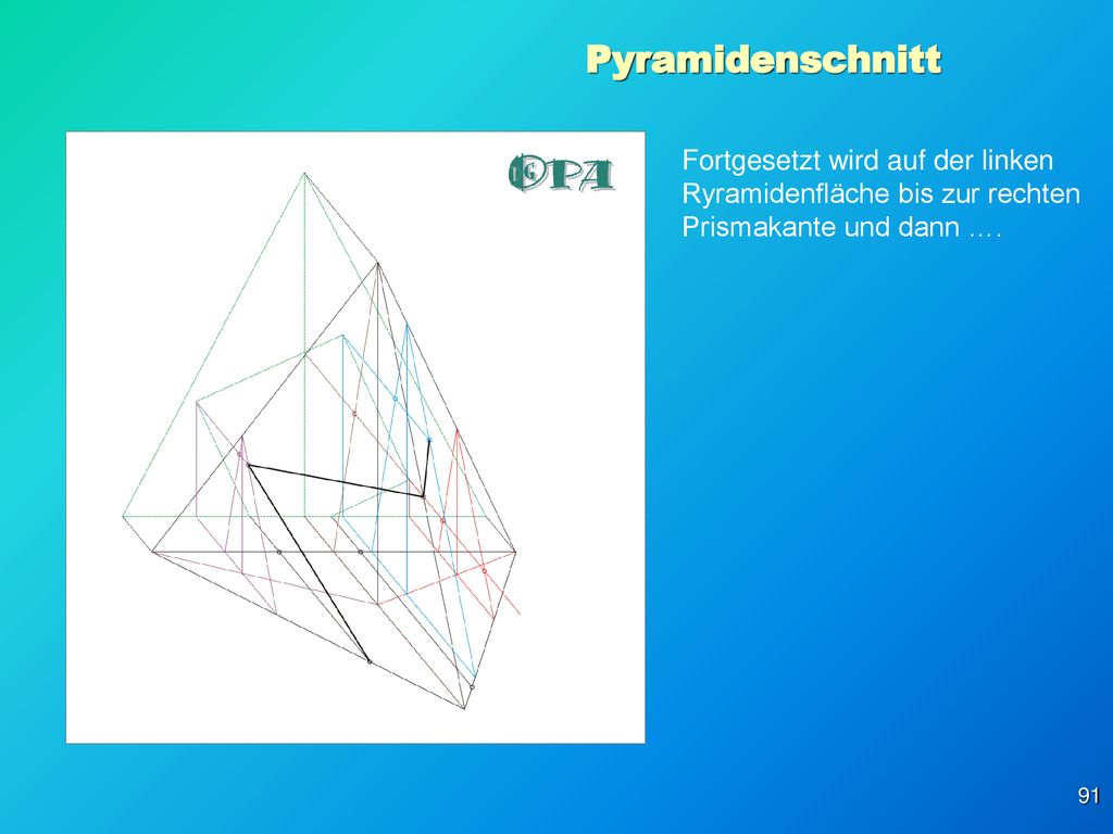 Pyramidenschnitt Fortgesetzt wird auf der linken Ryramidenfläche bis zur rechten Prismakante und dann ….