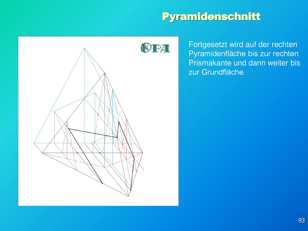 Pyramidenschnitt Fortgesetzt wird auf der rechten Pyramidenfläche bis zur rechten Prismakante und dann weiter bis zur Grundfläche.