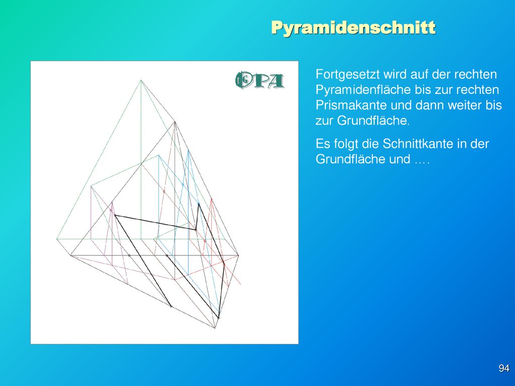 Pyramidenschnitt Fortgesetzt wird auf der rechten Pyramidenfläche bis zur rechten Prismakante und dann weiter bis zur Grundfläche.
