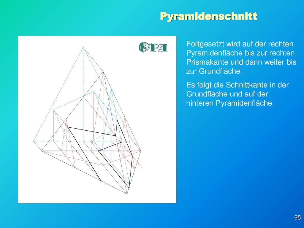 Pyramidenschnitt Fortgesetzt wird auf der rechten Pyramidenfläche bis zur rechten Prismakante und dann weiter bis zur Grundfläche.